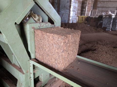 A freshly pressed coco peat block coming off the block-making machine