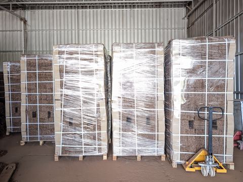 Finished blocks palletised and staged for container loading