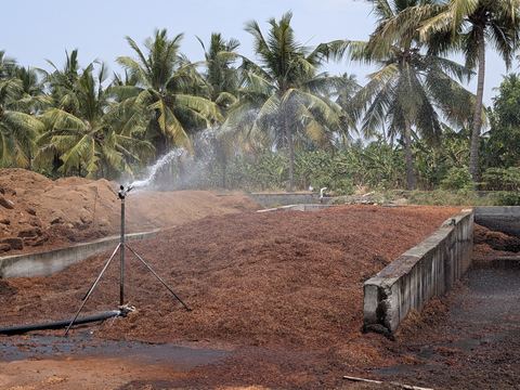 Sprinklers washing coco chips and pith to lower EC